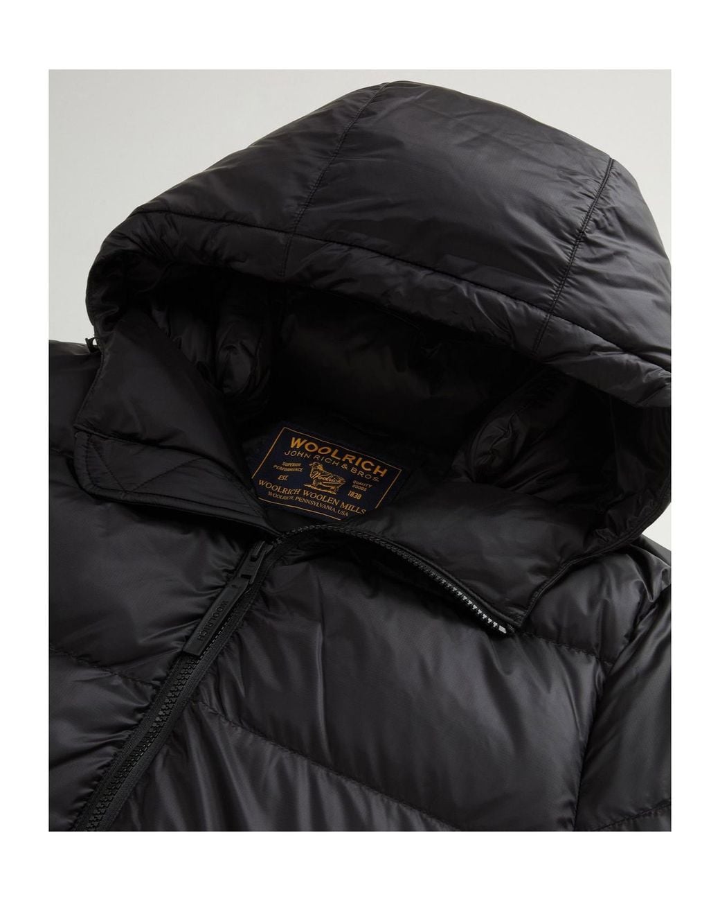 Woolrich Black Striped Quilted Hooded Jacket With Drawstring & Concealed Two-Way Zip for men