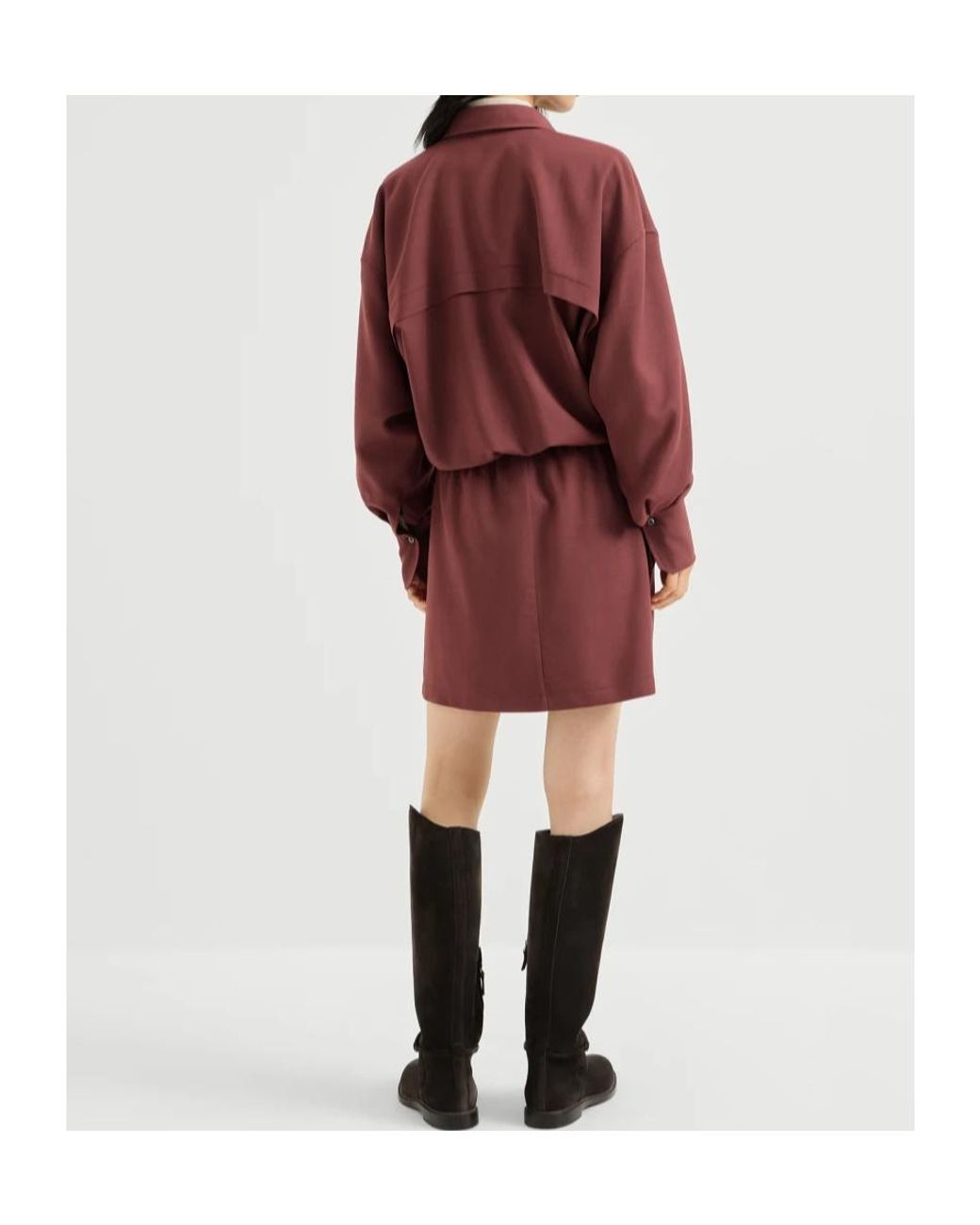 Brunello Cucinelli Red Virgin Wool Fluid Twill Shirt Dress With Monili
