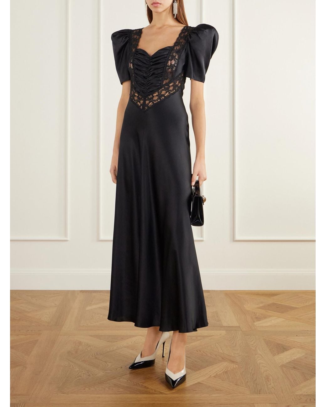 Rodarte Black Lace-Trimmed Silk-Satin Gown