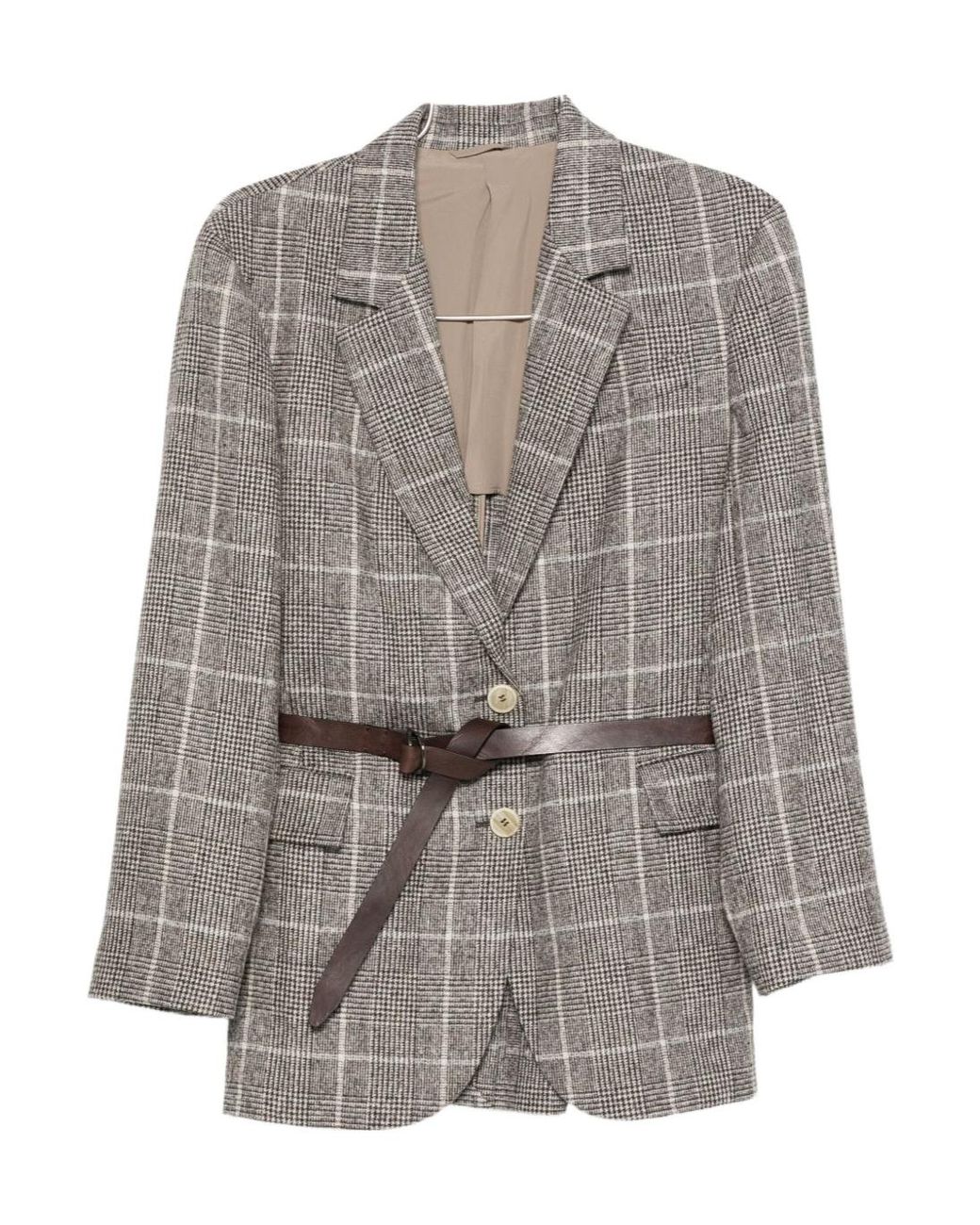 Brunello Cucinelli Gray Checked Belted Jacket