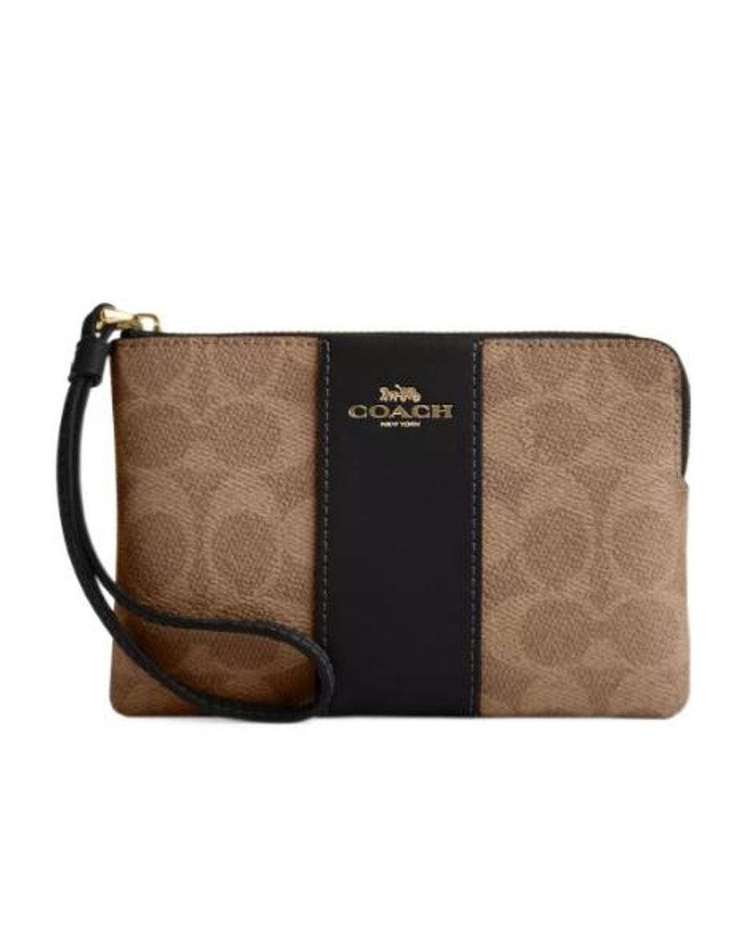 COACH Black Signature Canvas Striped Corner Wrist Pouch With Zipper