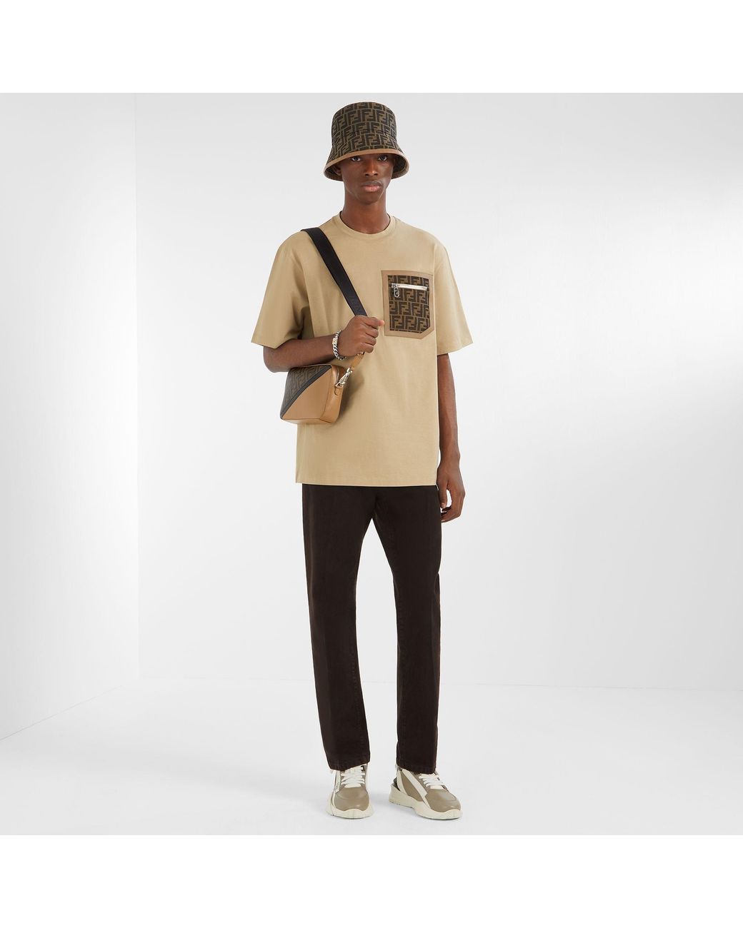 Fendi Natural Monogrammed Pocket Crewneck T-Shirt for men