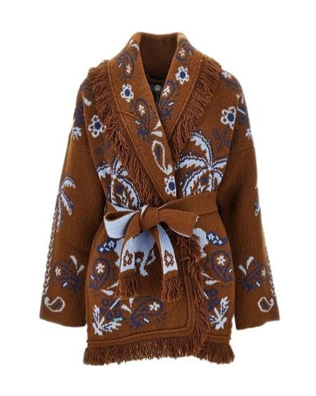 Alanui Brown Island Roots Belted Jacquard Cardigan