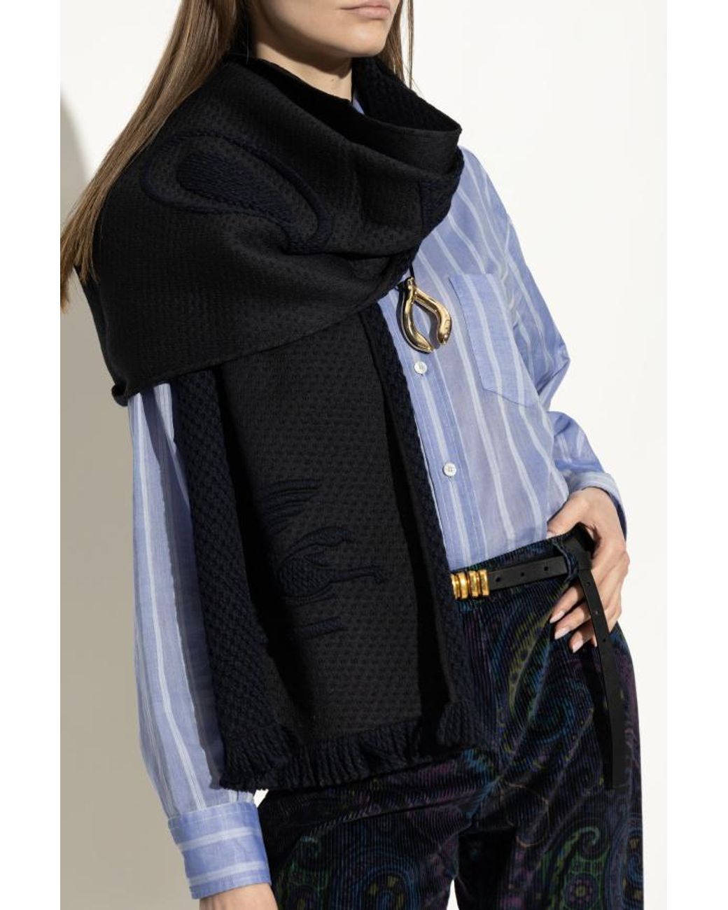 Etro Black Pegaso Embroidered Scarf