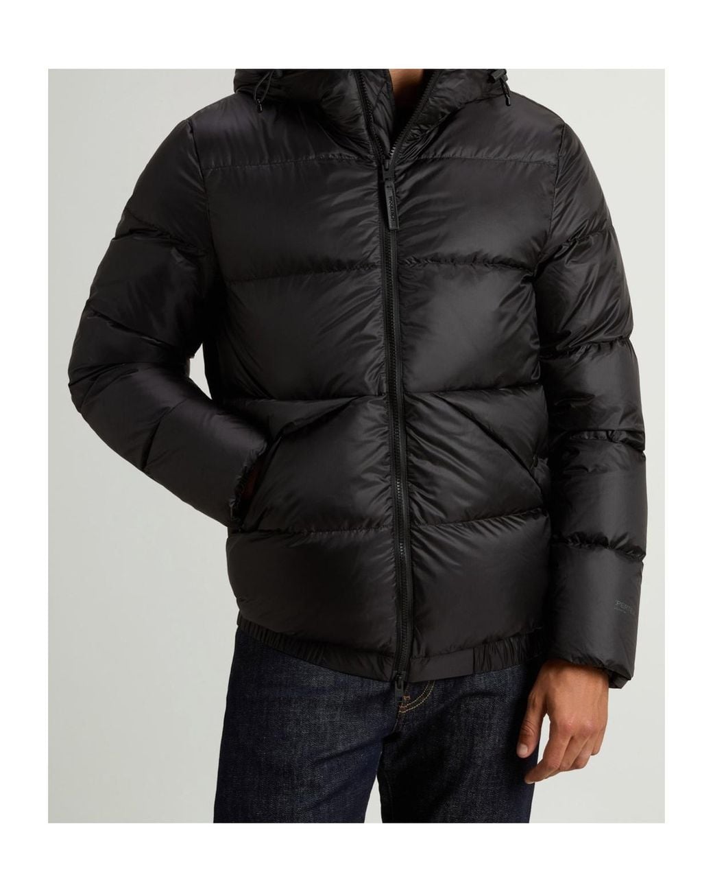 Woolrich Black Striped Quilted Hooded Jacket With Drawstring & Concealed Two-Way Zip for men