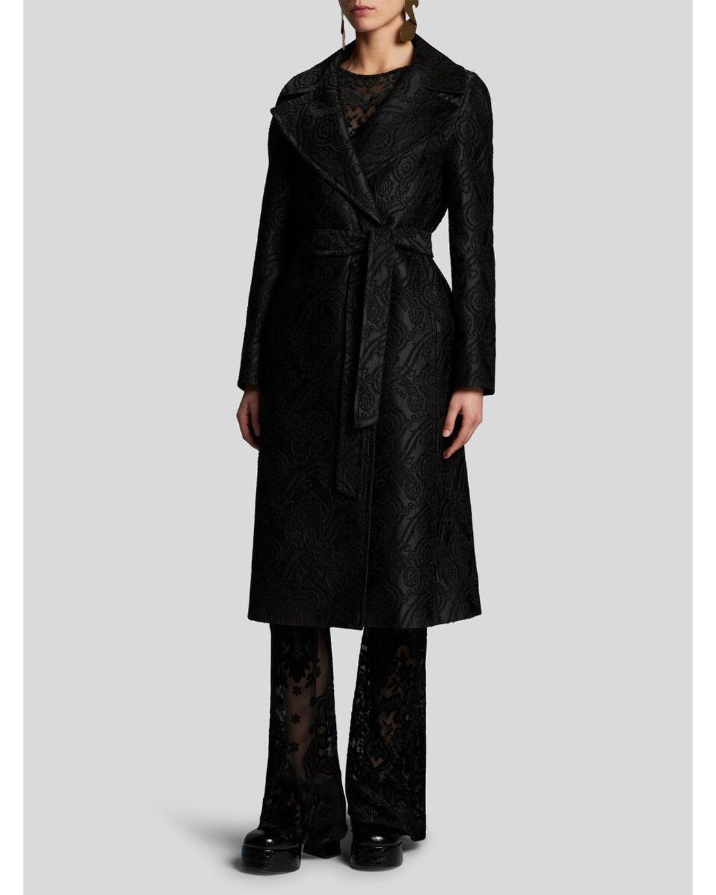 Etro Black Chenille Jacquard Belted Coat