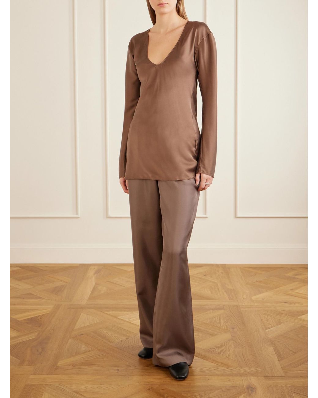 Ruohan Brown Silk-Blend Satin Blouse