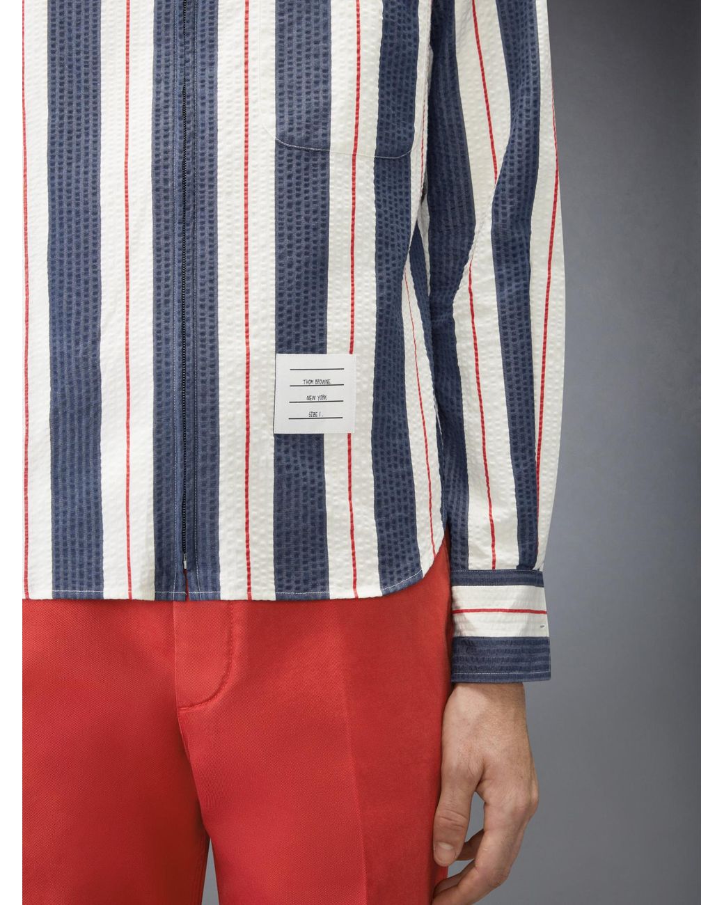 Thom Browne Blue Rounded Collar Striped Zipped Shirt for men