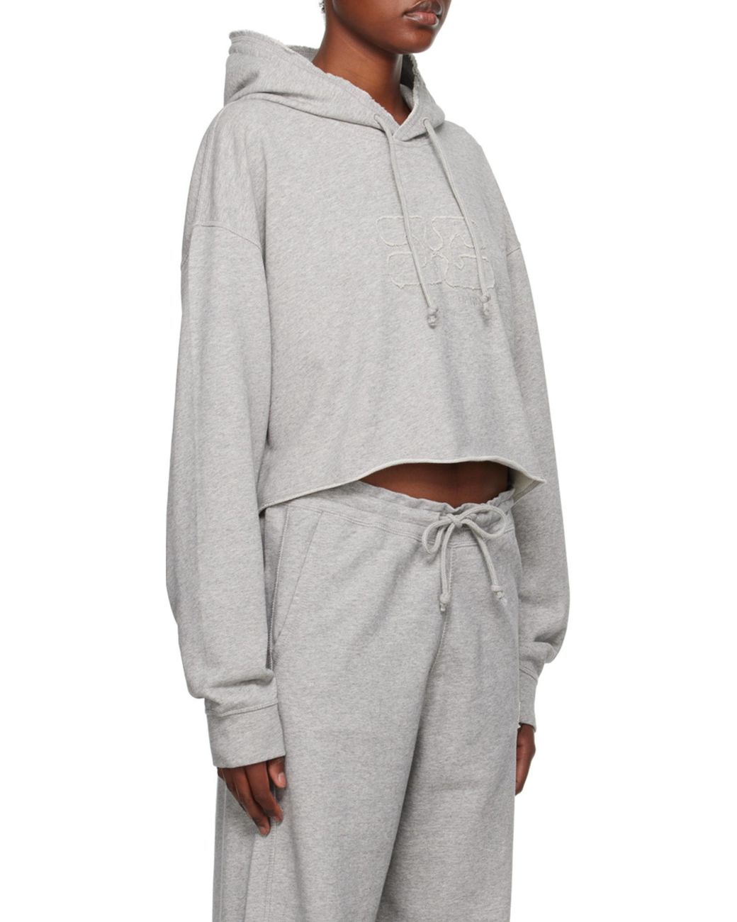 Ganni White Logo Embroidered Drawstring Cropped Hoodie
