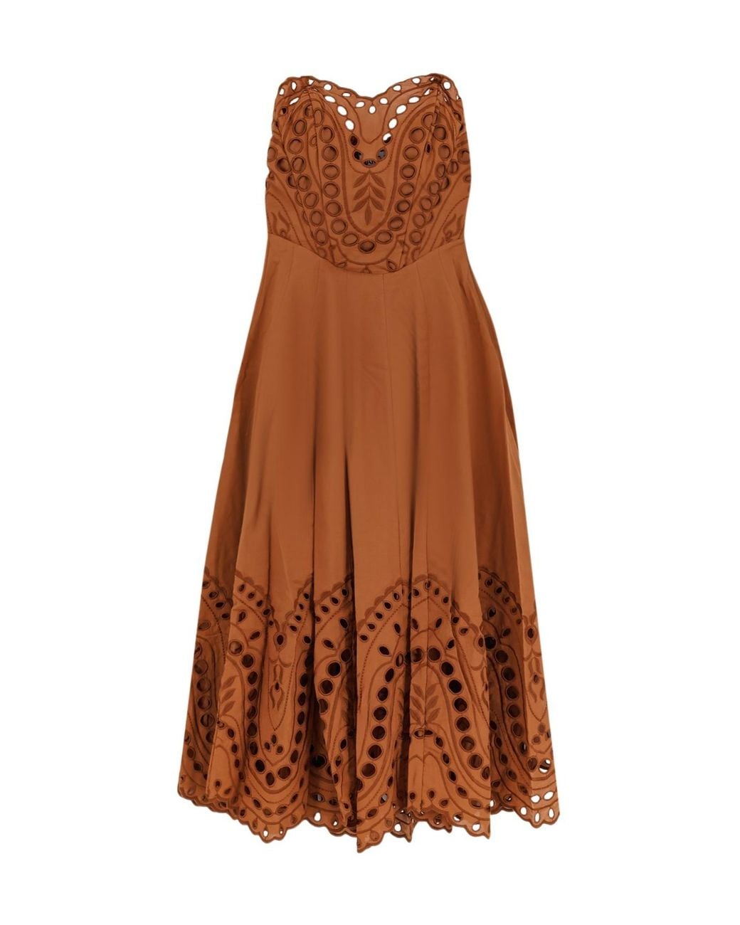Charo Ruiz Brown Marlin Broderie Anglaise Strapless Midi Dress