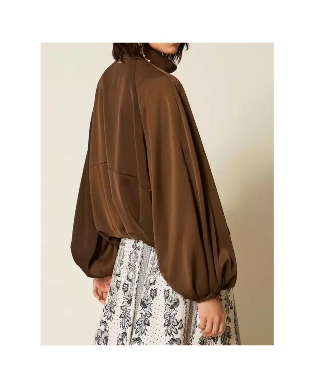 Twinset Brown Zip-Up Balloon-Sleeve Bomber Jacket