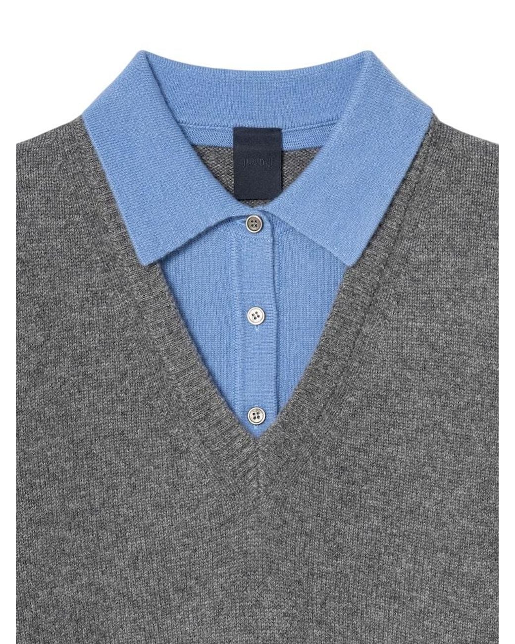 Juun.J Gray Long-Sleeve Collared Knit Top