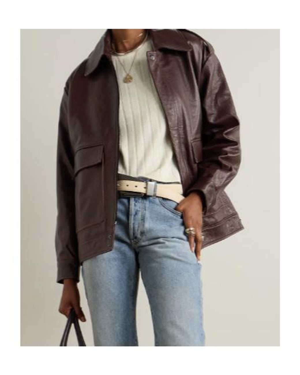 Nour Hammour Brown Long-Sleeved Leather Jacket