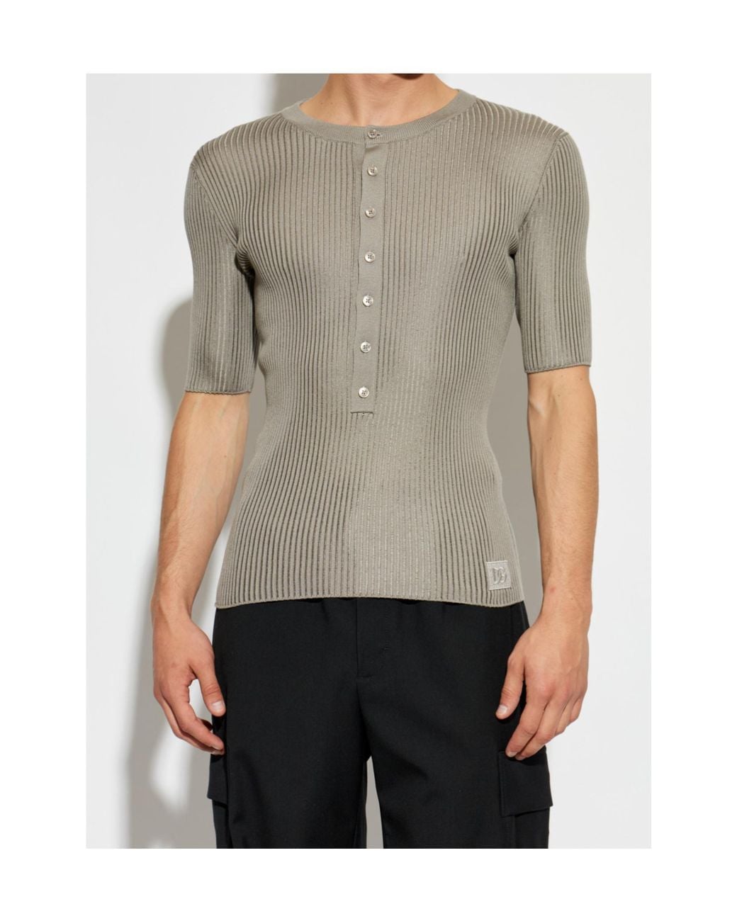 Dolce & Gabbana Gray Ribbed Logo Patch Knitted Top for men