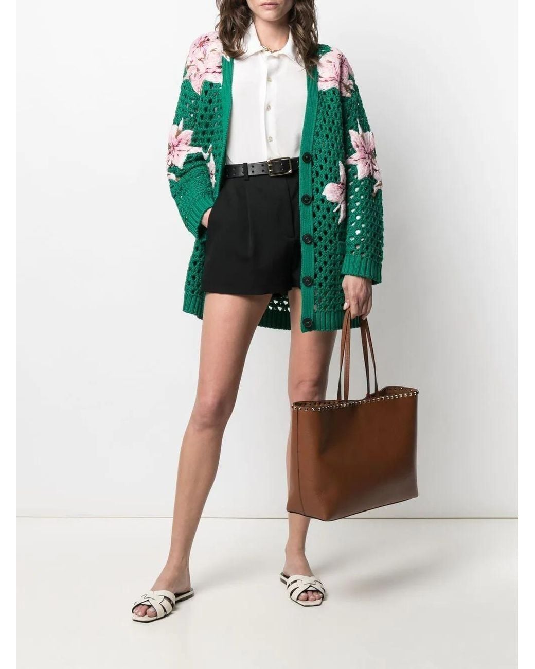 Valentino Green Lilium-Embroidered Cotton Cardigan