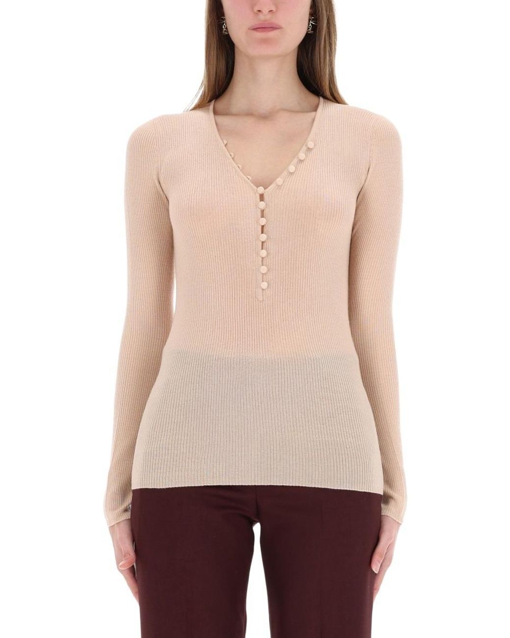 Chloé Natural Chloé V-Neck Knitted Top