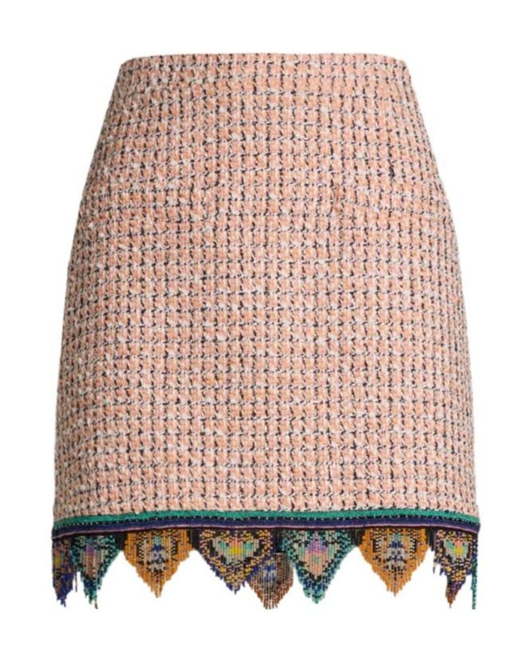 Etro Pink Jacquard Mini Skirt With Tweed Effect, Fringing And Check Motif