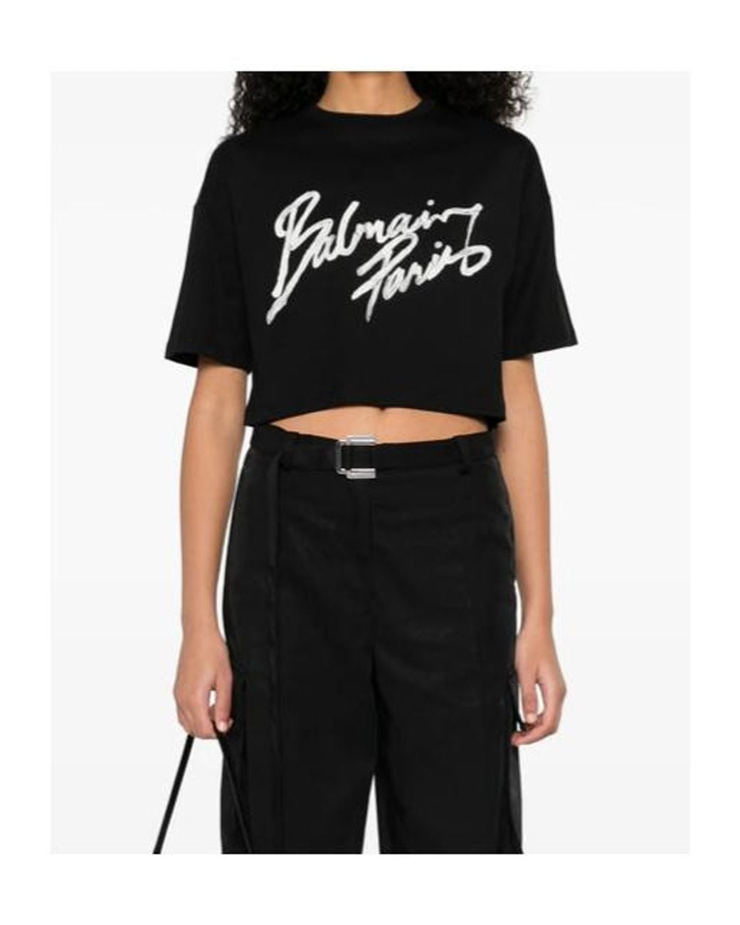 Balmain Black Graphic Printed Cropped T-Shirt