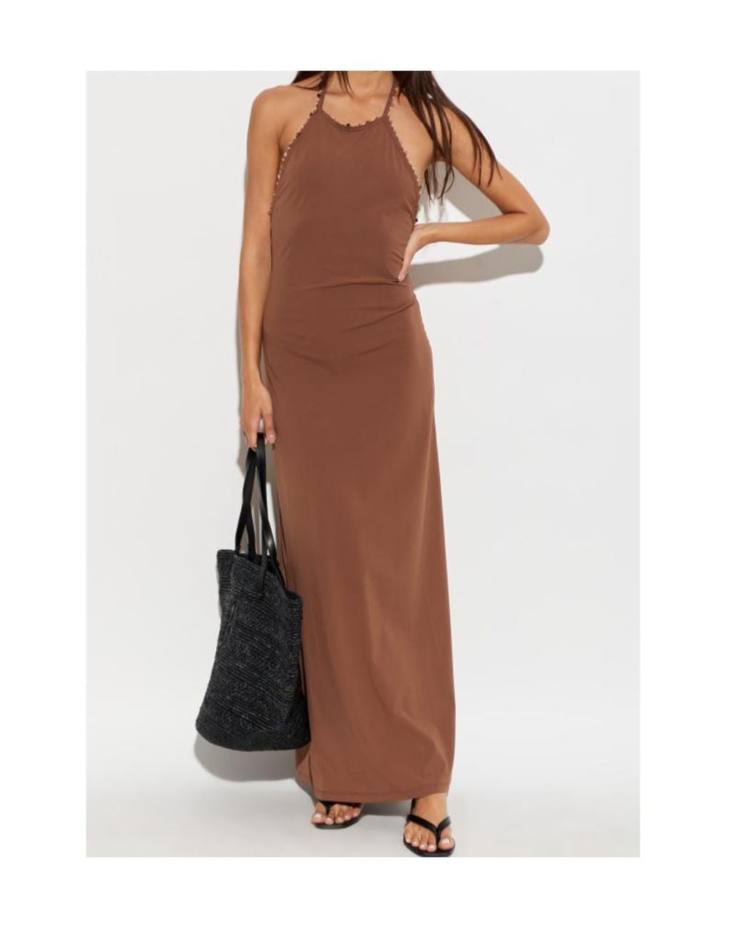 Christopher Esber Brown Quartz Beaded Halterneck Beach Dress