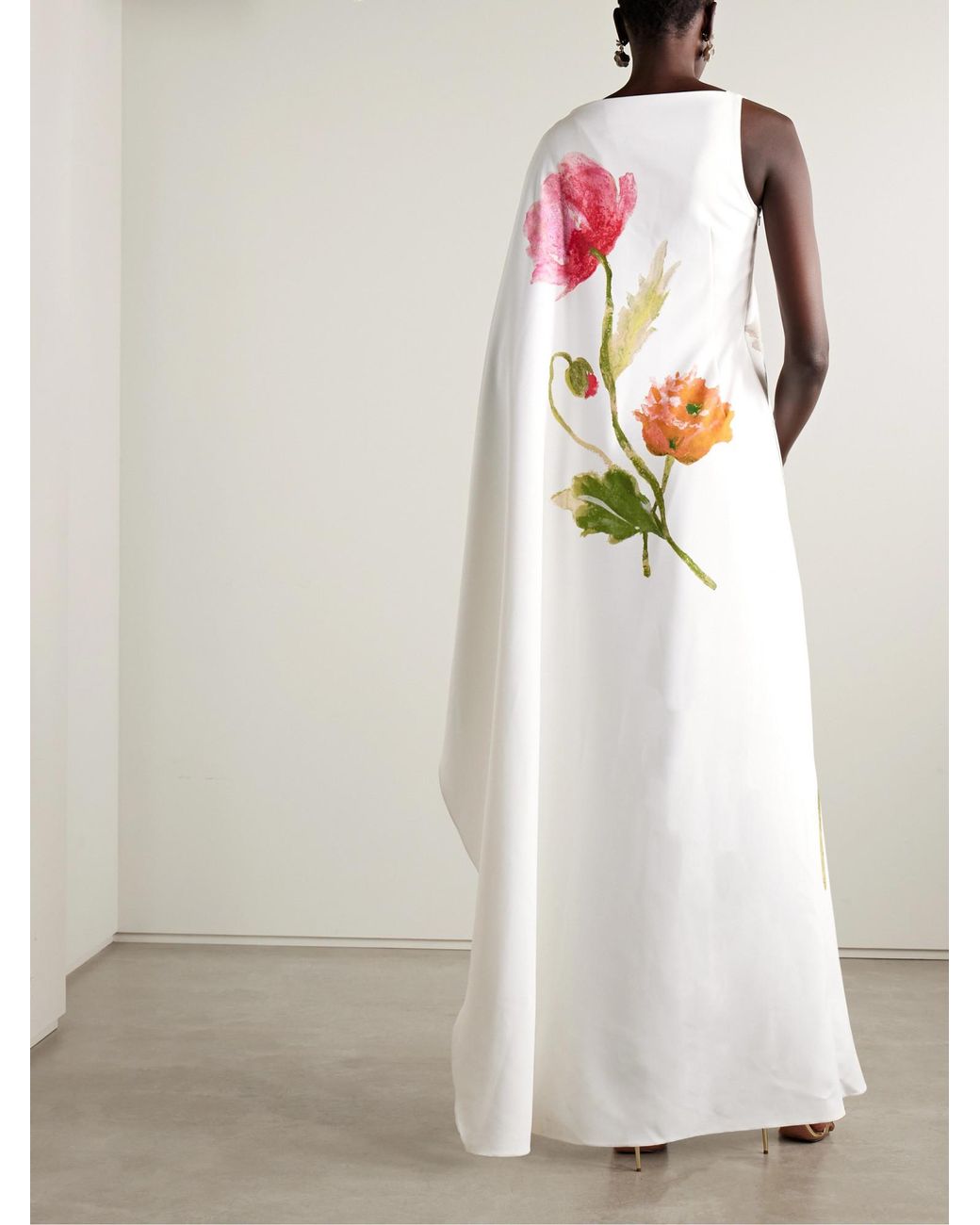 Carolina Herrera White One-Sleeve Draped Floral-Print Crepe Gown