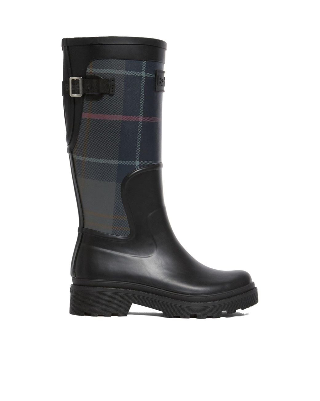Barbour Black Plaid Panel Buckle Tall Rain Boot
