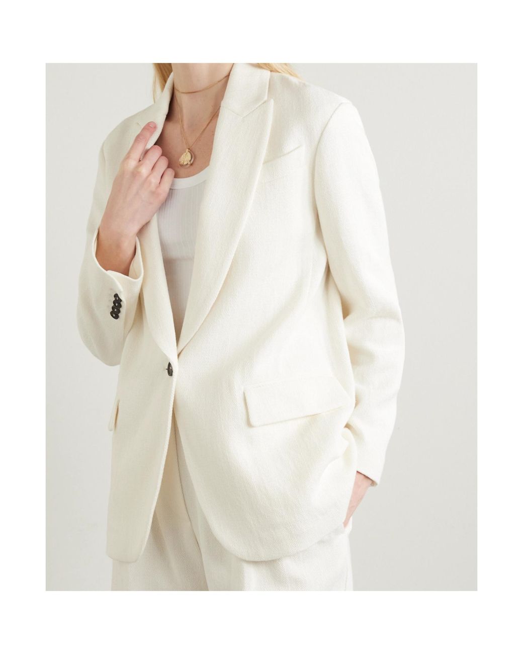 Brunello Cucinelli White Herringbone Single-Breasted Tailored Blazer