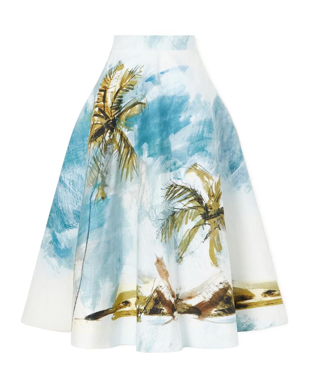 Oscar de la Renta Blue All Over Beach Printed Cotton-Blend Poplin Midi Skirt