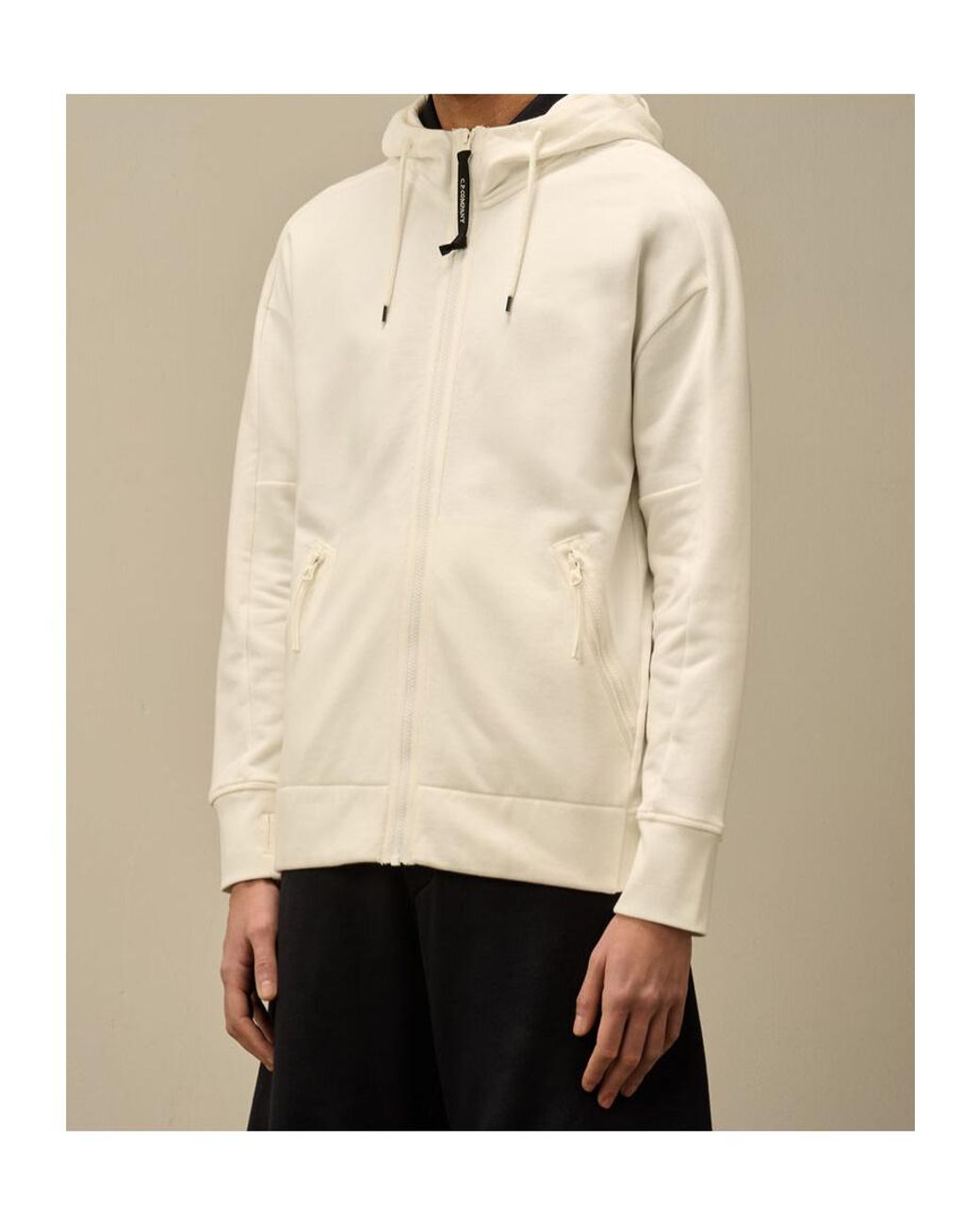 C P Company Gray Goggles-Detailed Drawstring Zip-Up Hoodie for men