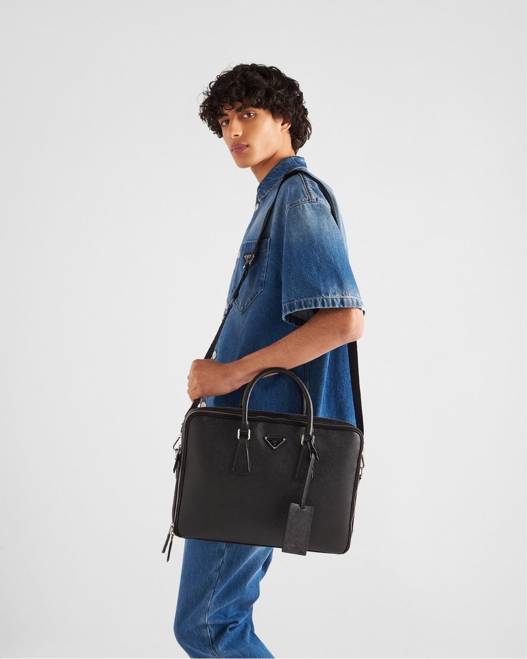 Prada Black Triangle-Logo Zipped Briefcase for men