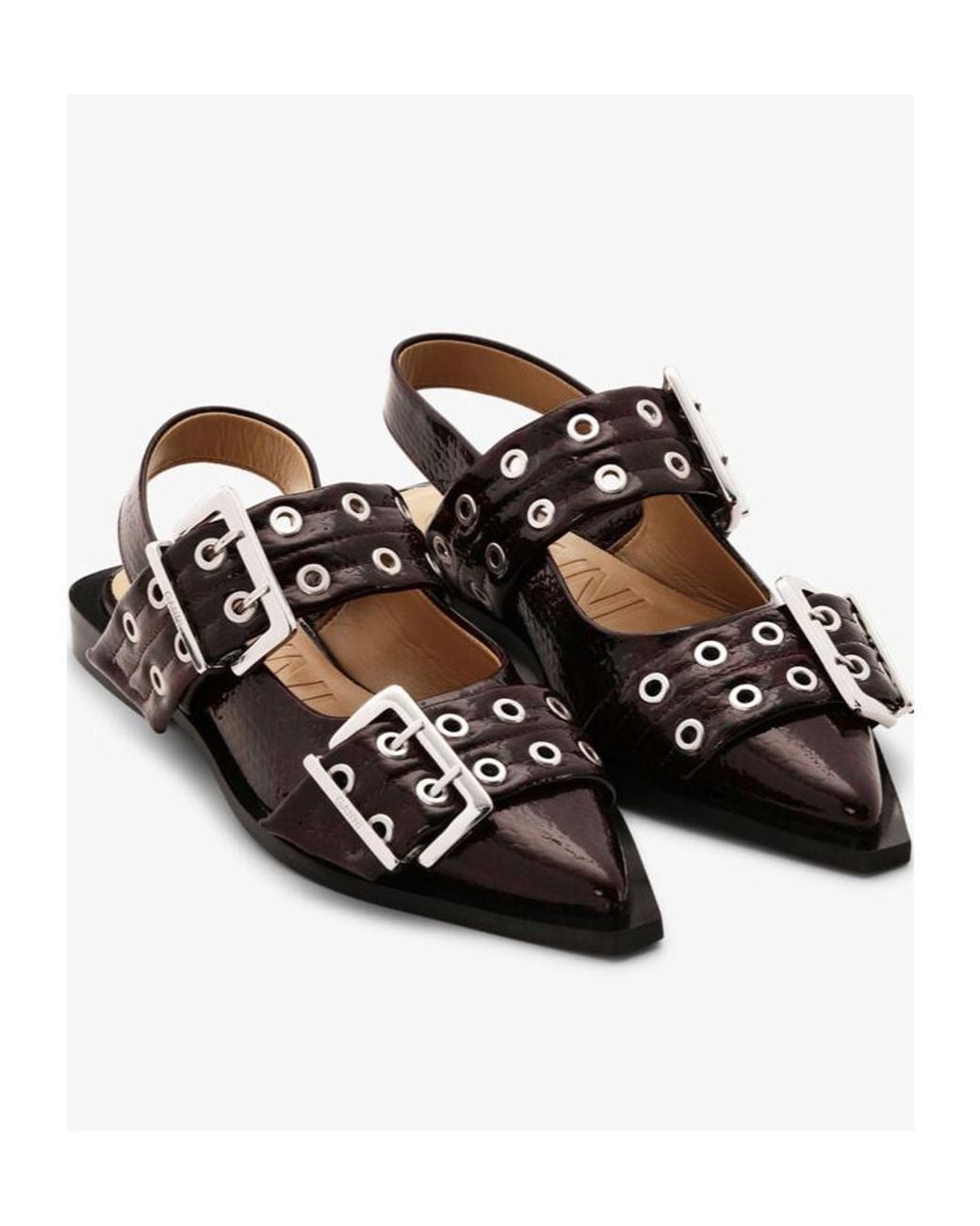 Ganni Black Buckle Pointed-Toe Ballet Flats