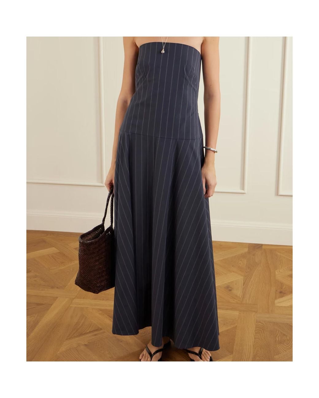 St. Agni Blue Strapless Open-Back Striped Cotton-Blend Maxi Dress