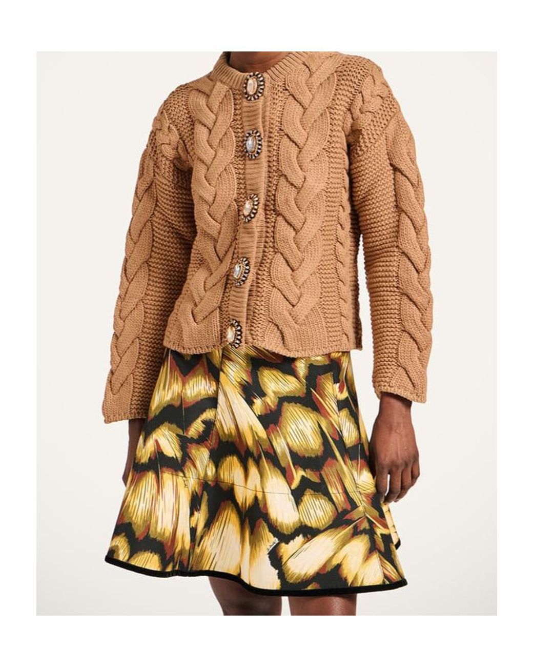 LaDoubleJ Brown Chunky Wool And Viscose And Cashmere Blend Cable Knit Cardigan With Jewel Buttons