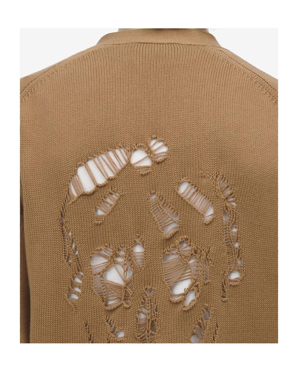 McQueen Brown Distressed Skull V-Neck Cardigan for men