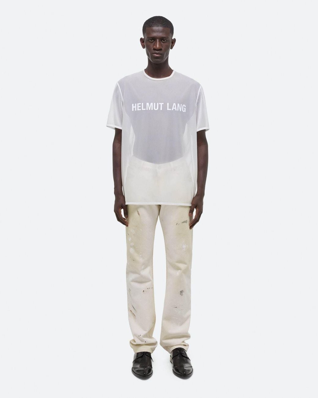 Helmut Lang White Logo Printed Sheer Crewneck T-Shirt