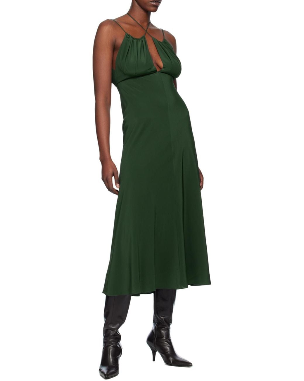 Totême Green Gathered Silk Midi Dress