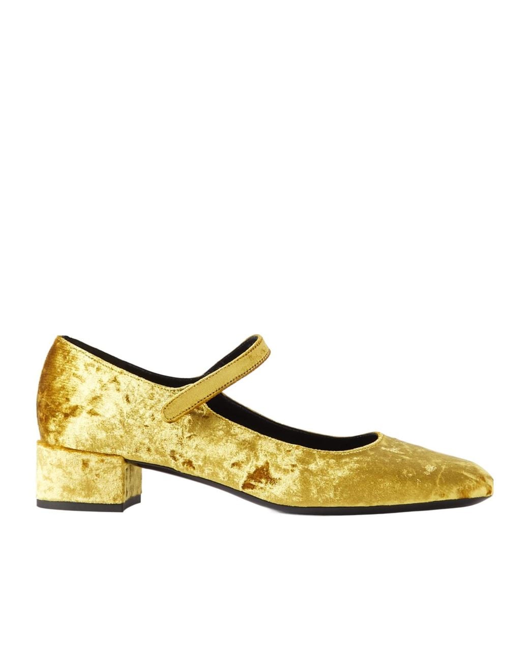 By Far Yellow Velvet Mary Jane Block Heel Shoes