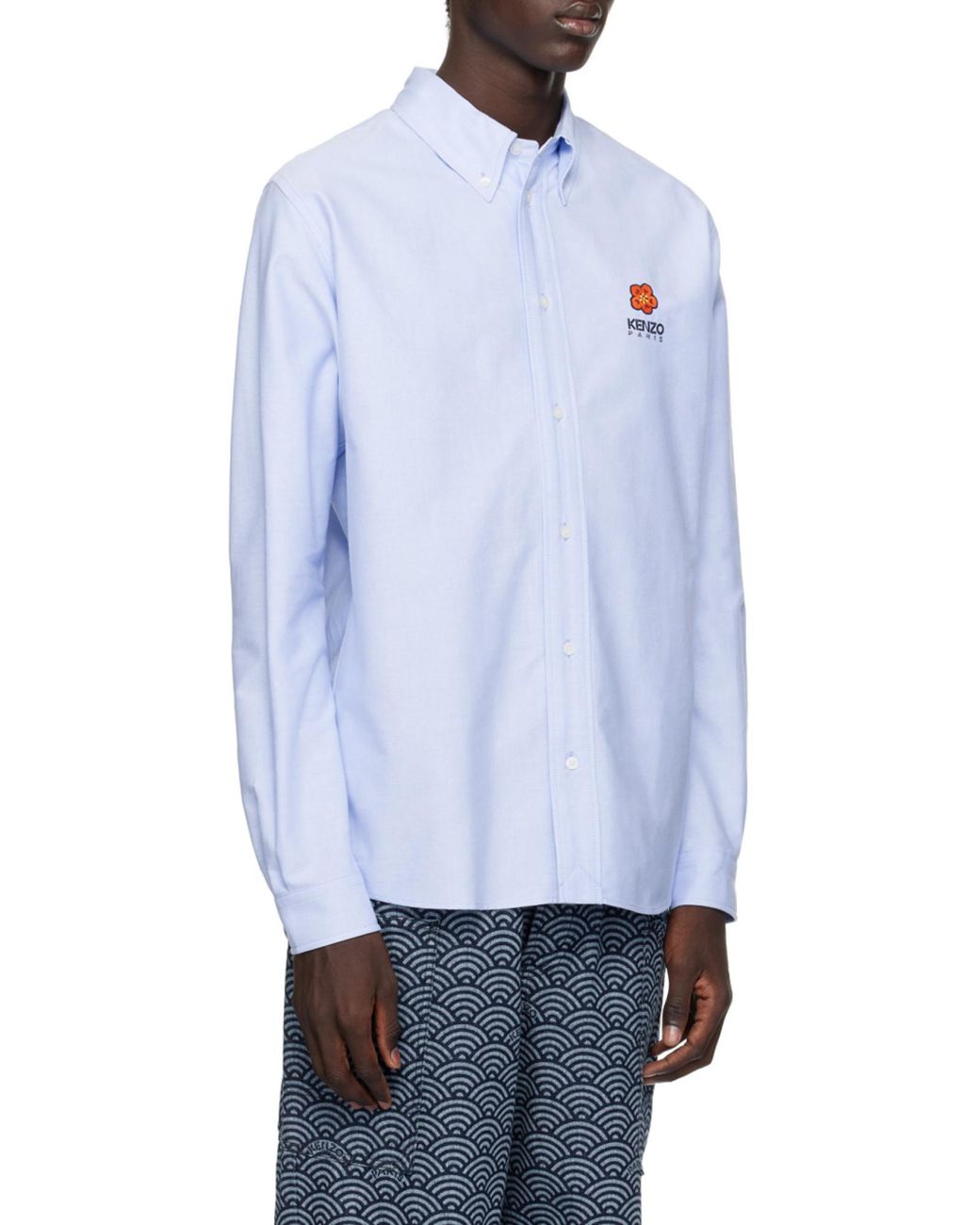 KENZO Blue Boke Flower Logo Embroidered Buttoned Shirt for men