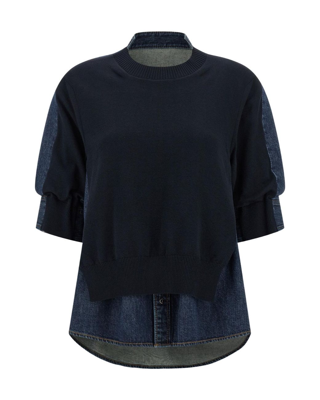 Sacai Blue Denim-Panelled Crewneck Jumper