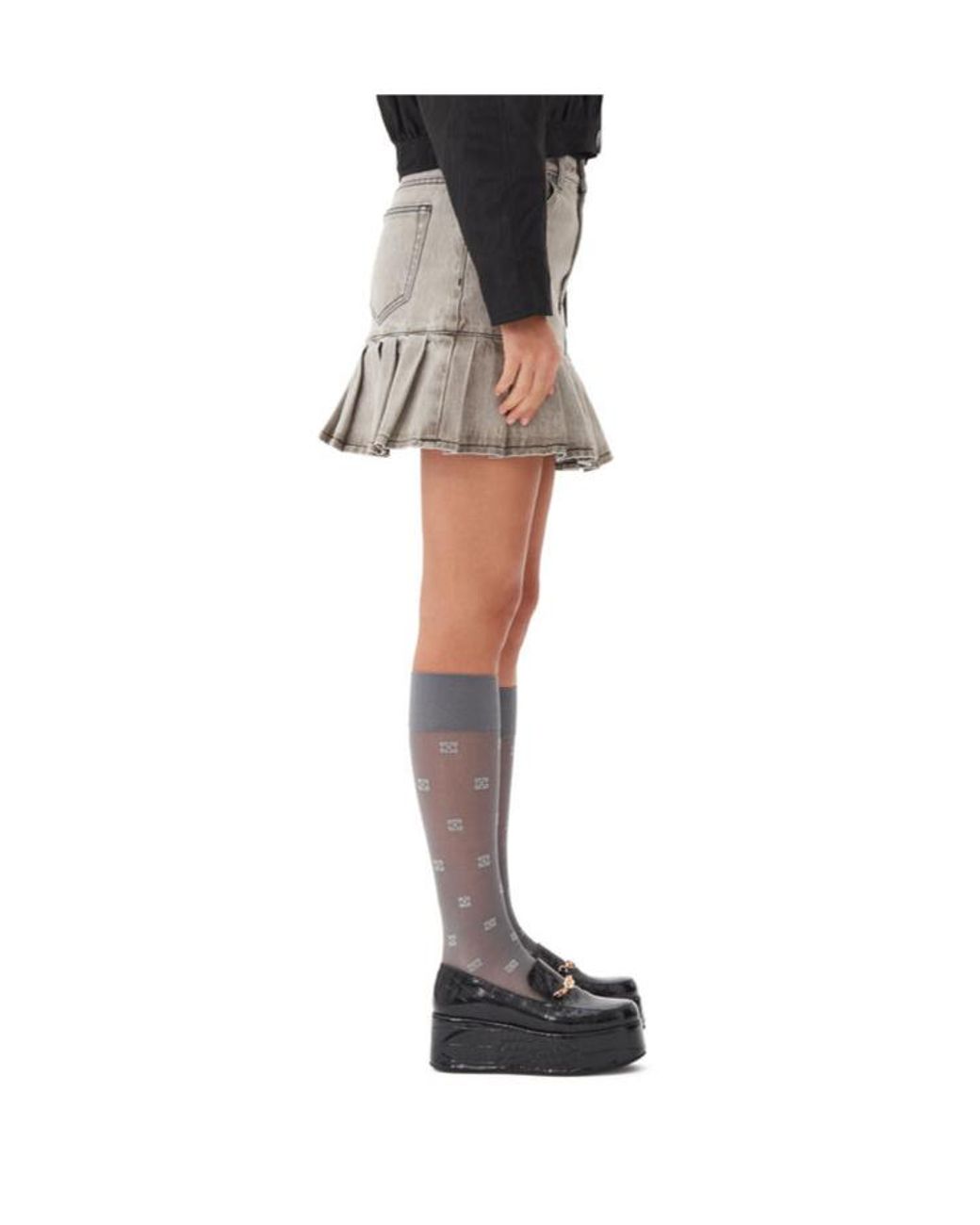 Ganni Gray Future Denim Pleated Mini Skirt