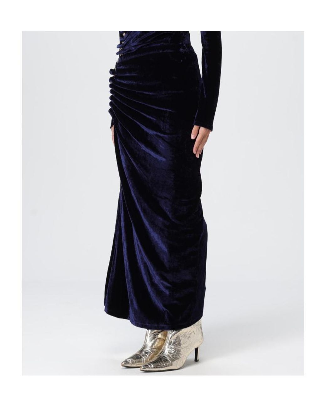 Rabanne Blue Ruched Velvet Midi Skirt