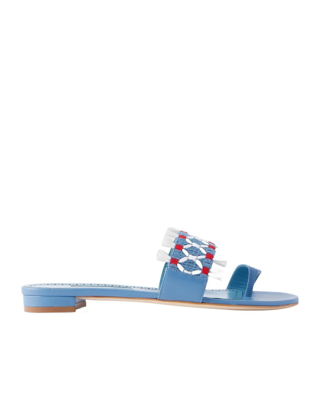 Manolo Blahnik Blue Brava Raffia-Trimmed Crocheted Leather Sandals