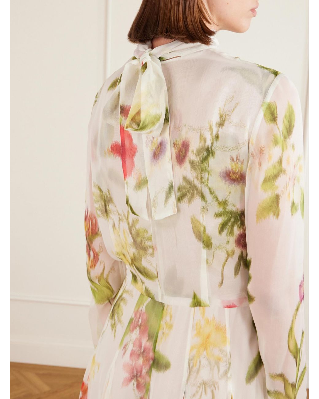 Oscar de la Renta Metallic Dominican Floral-Print Silk-Chiffon Gown