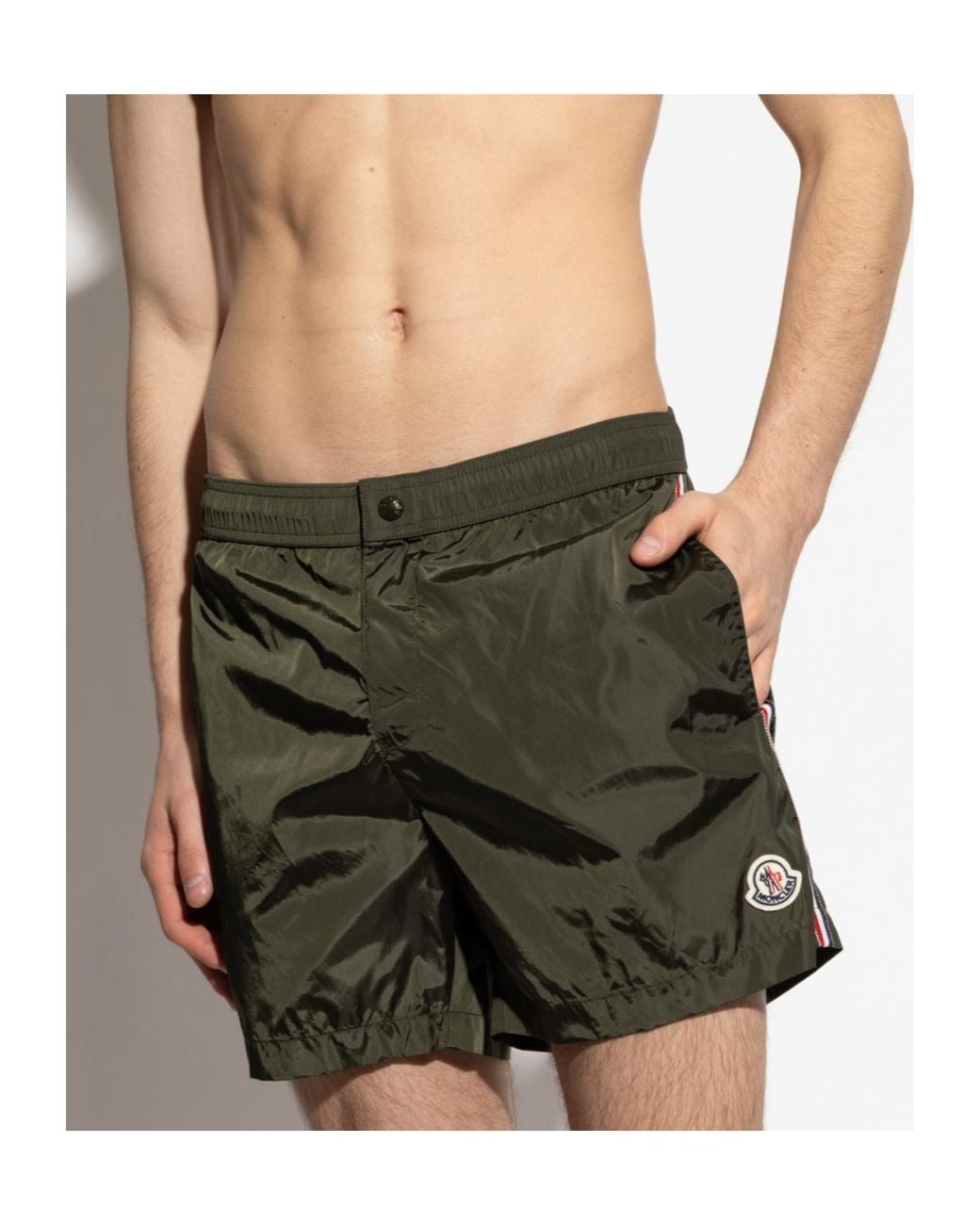 Moncler Green Logo Patch Stripe Detailed Swim Shorts for men