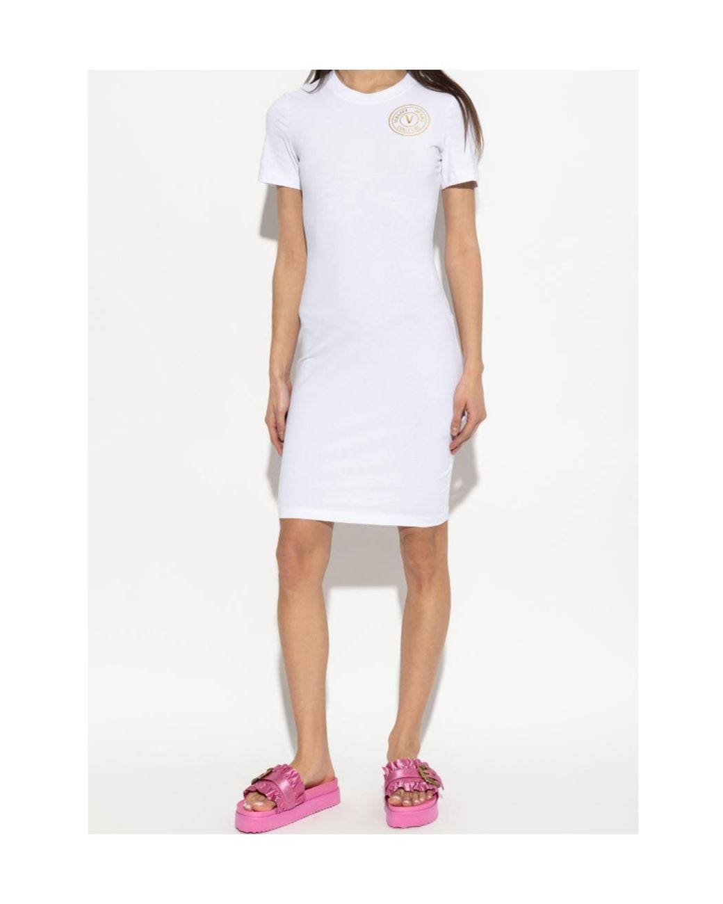 Versace Jeans White Couture Logo Printed Crewneck Dress