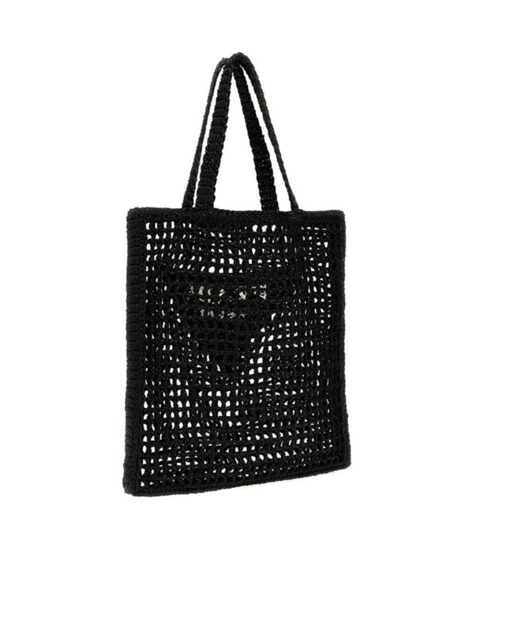 Prada Black Logo Printed Woven Tote Bag