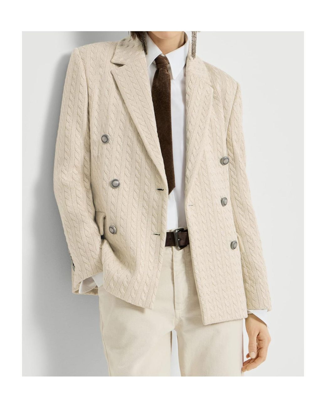 Brunello Cucinelli Natural Sparkling Cotton And Viscose English Rib Knit Blazer With Monili