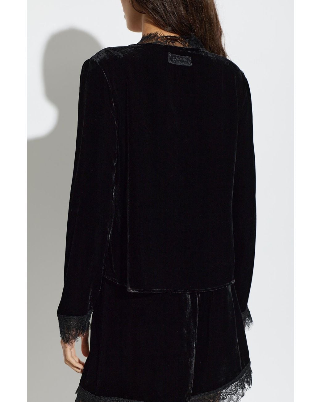 Ganni Black Lace-Trimmed Velvet Top