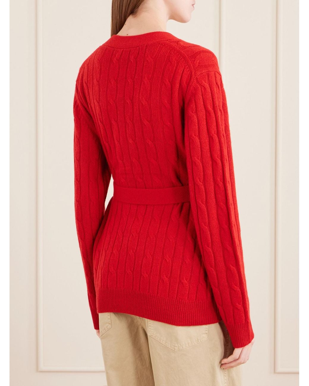 Nili Lotan Red Belted Cable-Knit Cashmere Cardigan
