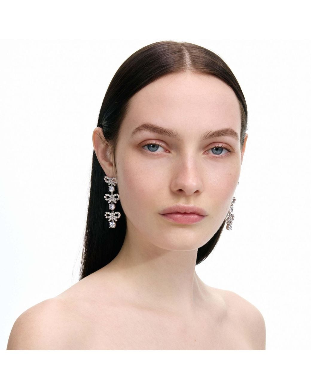Self-Portrait White Embellished Micro Bow Tiered Earrings