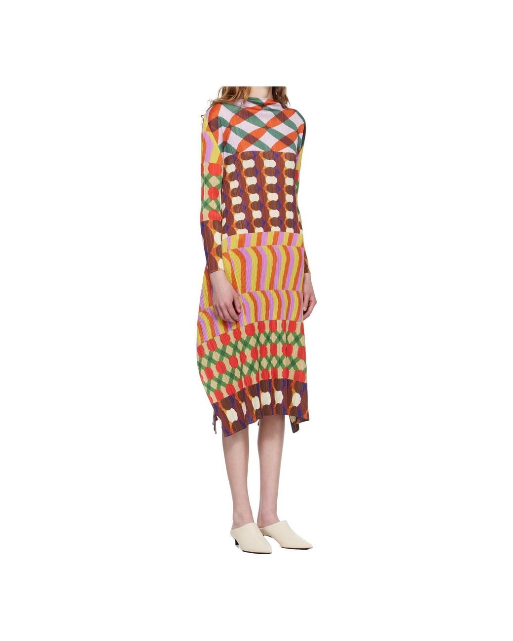 Pleats Please Issey Miyake White Pleated Print Dress